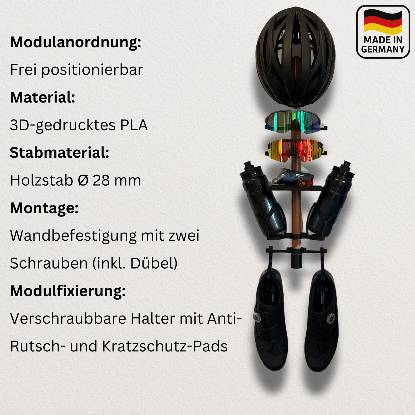 Modularer Wandhalter für Radsportzubehör: Zubehörhalter für Helm, Sonnenbrille, Tacho, Trinkflaschen und Schuhe - Bike Gear Rack