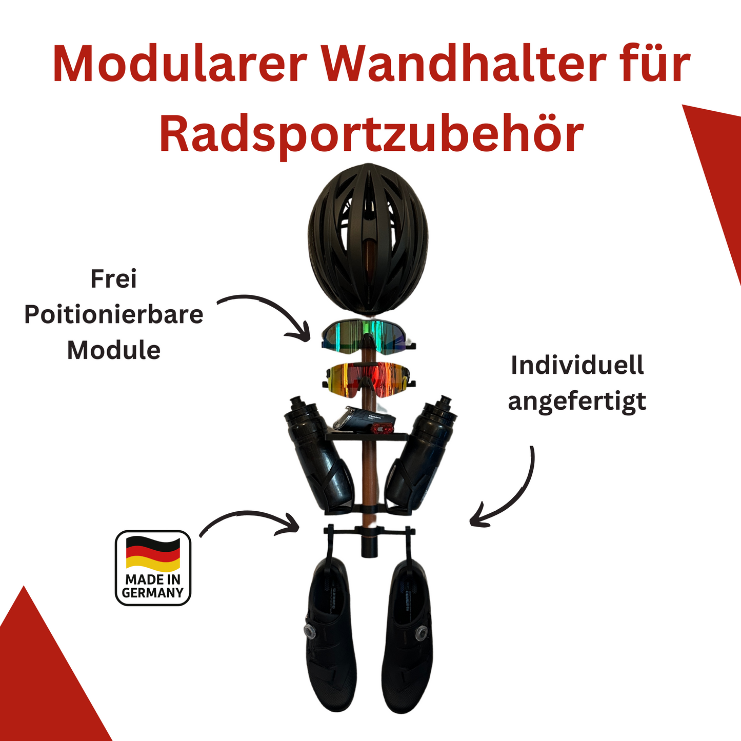 Modularer Wandhalter für Radsportzubehör: Zubehörhalter für Helm, Sonnenbrille, Tacho, Trinkflaschen und Schuhe - Bike Gear Rack