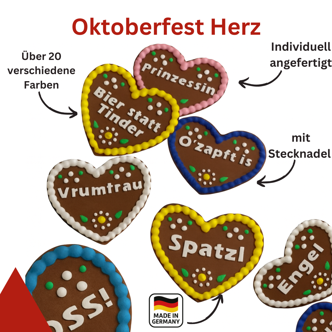 Oktoberfest Lebkuchenherzen 3D-Druck – personalisierbare Anstecker mit 5 Farben