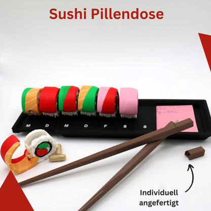 Sushi-Themen Pillendose | Tragbarer Medizin Organizer | Wochenplaner & Schlüsselanhänger | Sushi-Ergänzungen Geschenkidee