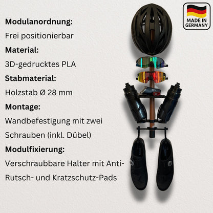 Radsport Wandhalter mit Kirschholz | Fahrrad Zubehör Organizer für Helm, Brillen, Radschuhe & Trinkflaschen | Rennrad Geschenk