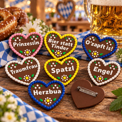 Lebkuchenherz Anstecker personalisiert | Oktoberfest Herz mit Wunschtext | Wiesn Trachten Accessoire | Dirndl Lederhose | 3D Druck