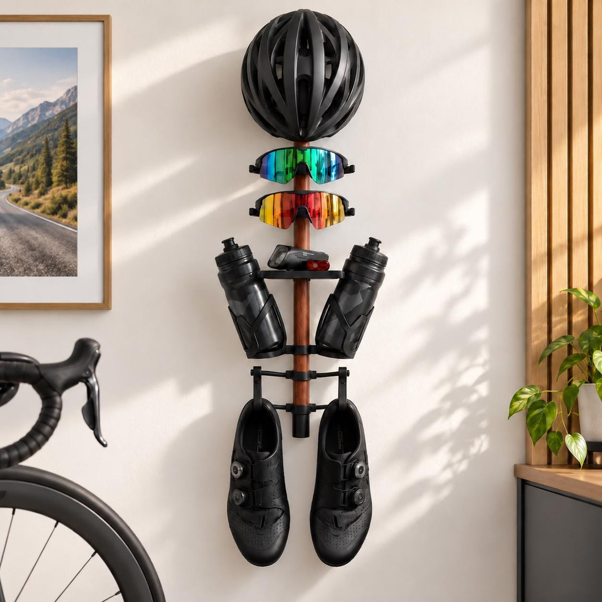 Radsport Wandhalter mit Kirschholz | Fahrrad Zubehör Organizer für Helm, Brillen, Radschuhe & Trinkflaschen | Rennrad Geschenk