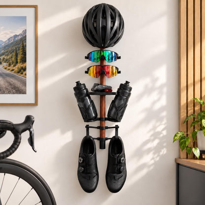 Radsport Wandhalter mit Kirschholz | Fahrrad Zubehör Organizer für Helm, Brillen, Radschuhe & Trinkflaschen | Rennrad Geschenk