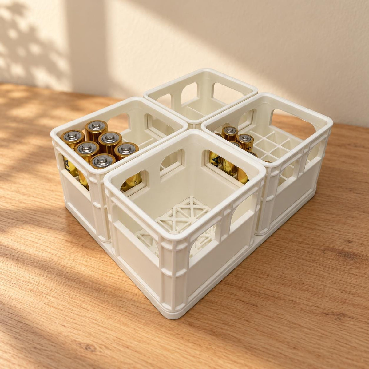 Batterie-Organizer im Mini-Getränkekisten-Design, stapelbare Batterieaufbewahrung für AA, AAA und 9V