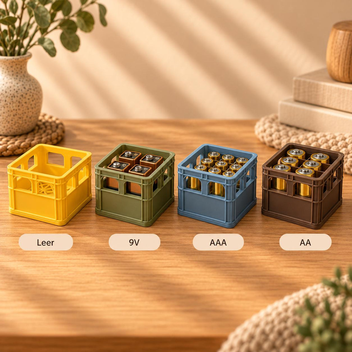 Batterie-Organizer im Mini-Getränkekisten-Design, stapelbare Batterieaufbewahrung für AA, AAA und 9V
