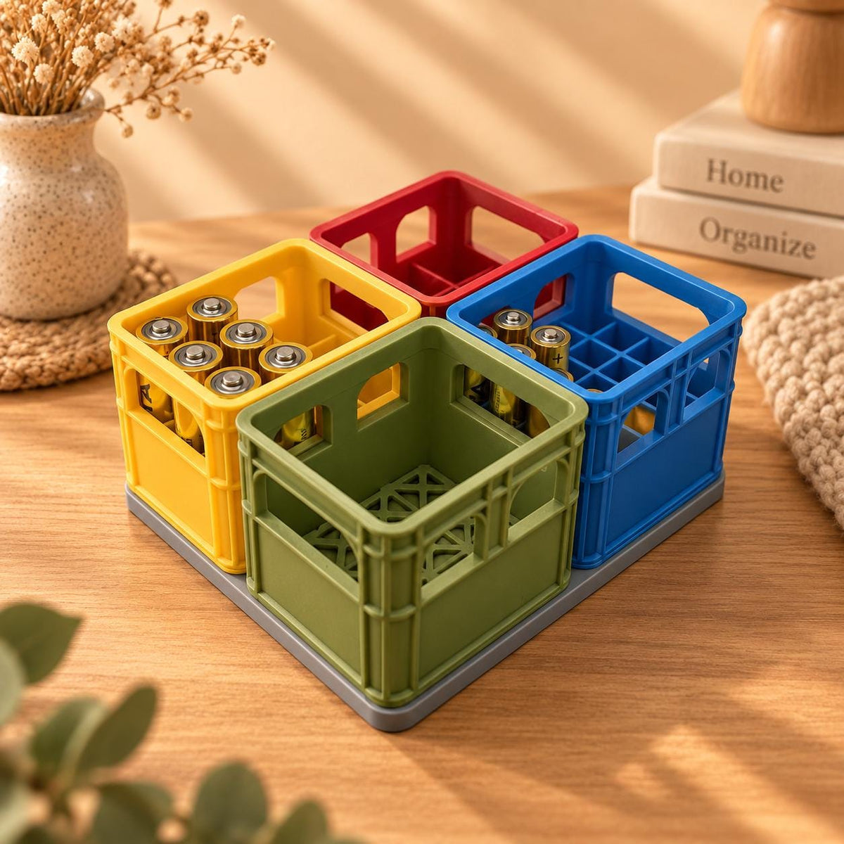 Batterie-Organizer im Mini-Getränkekisten-Design, stapelbare Batterieaufbewahrung für AA, AAA und 9V